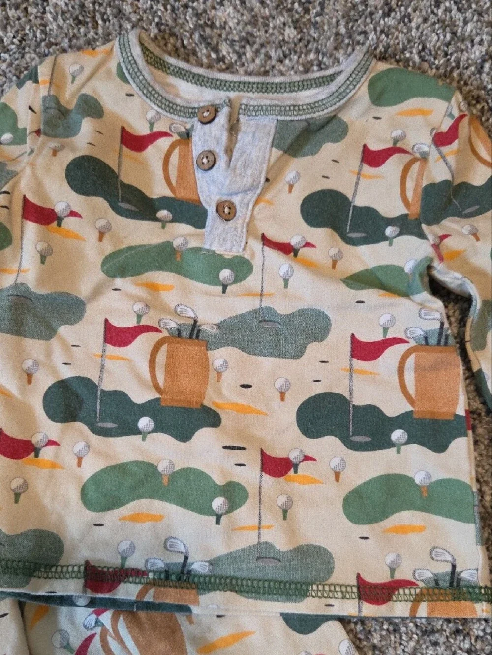 Mud Pie Beige and Green Golf-Print Kids Pajama Set